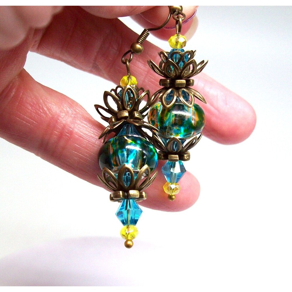 Art Nouveau Lampwork Earrings, Antique Bronze, Artisan Crafted Vintage Style Jew